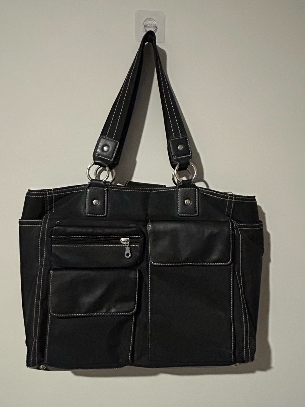 attention Black Multi-Pocket Women's Tote with Contrast Stitching